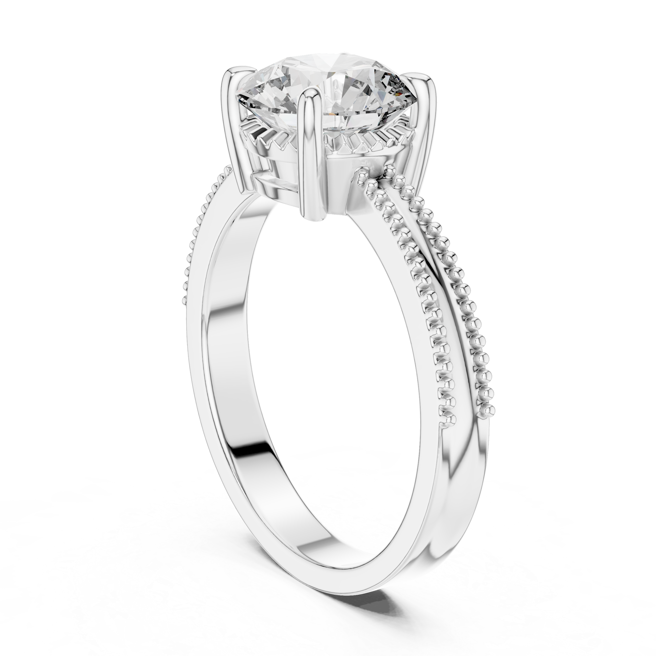 Silver ring with a large diamond and smaller diamonds on the band against a white background